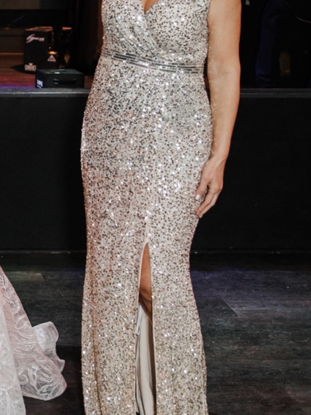 Sequin V-Neck Evening Gown in Champagne